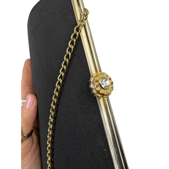 1950's gold crystal rose kiss lock chain strap black mini purse - Picture 1 of 5